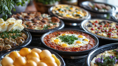 A stunning brunch display with a variety of egg dishes, including shakshuka and frittata, beautifully garnished and served in elegant dishes.の素材