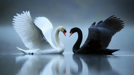 A stunning shot of a white swan spreading its wings beside a black swan, both standing on the water edge.の素材