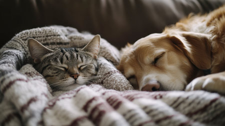 A sleepy cat nestled beside a snoring dog on a couch, embodying a peaceful home environment filled with love.の素材