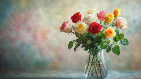 A stunning bouquet of multicolored roses in a glass vase, displaying vibrant petals in shades of red, yellow, pink, and white, set against a soft, blurred background.の素材