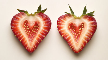 A striking image of a ripe strawberry cut in half, revealing its juicy red interior and seeds, placed on a white background for emphasis.の素材