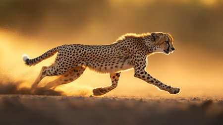 A stunning profile view of a cheetah running at full speed, with its distinctive spots and powerful legs highlighted in the sun.の素材