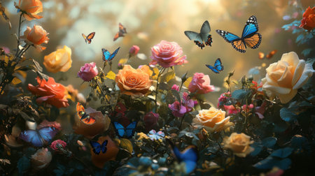 A vibrant bouquet of multicolored roses in a whimsical garden setting, with butterflies fluttering around, capturing a moment of natural beauty.の素材