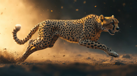 A stunning profile view of a cheetah running at full speed, with its distinctive spots and powerful legs highlighted in the sun.の素材