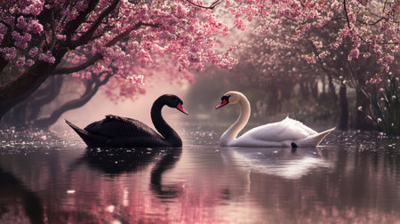A stunning contrast of a black swan and a white swan gliding through the water under a canopy of blooming trees.の素材