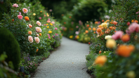 A tranquil image of a pathway lined with multicolored roses, inviting viewers into a beautiful garden space.の素材