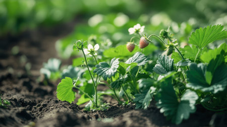 A stunning close-up of a strawberry plant with flowers and green leaves, emphasizing the beauty of nature and the growth process of strawberries.の素材