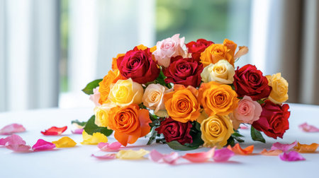 A vibrant arrangement of multicolored roses on a white table, surrounded by delicate petals scattered around, creating a fresh and lively look.の素材