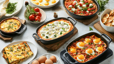 A stunning brunch display with a variety of egg dishes, including shakshuka and frittata, beautifully garnished and served in elegant dishes.の素材