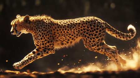 A stunning profile view of a cheetah running at full speed, with its distinctive spots and powerful legs highlighted in the sun.の素材