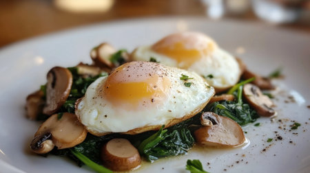 A stunning presentation of a chefspecial egg dish, featuring poached eggs on a bed of sauted spinach and mushrooms.の素材