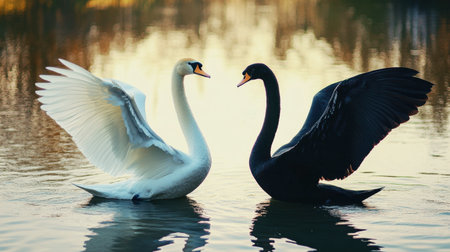 A stunning shot of a white swan spreading its wings beside a black swan, both standing on the water edge.の素材
