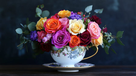 A vibrant arrangement of multicolored roses in a whimsical garden teacup, showcasing a unique and playful take on floral design.の素材