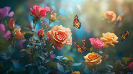 A vibrant bouquet of multicolored roses in a whimsical garden setting, with butterflies fluttering around, capturing a moment of natural beauty.の素材