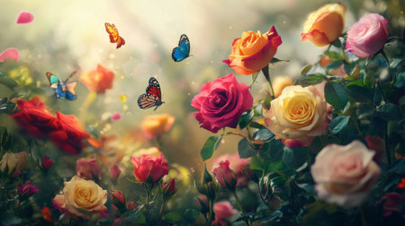 A vibrant bouquet of multicolored roses in a whimsical garden setting, with butterflies fluttering around, capturing a moment of natural beauty.の素材