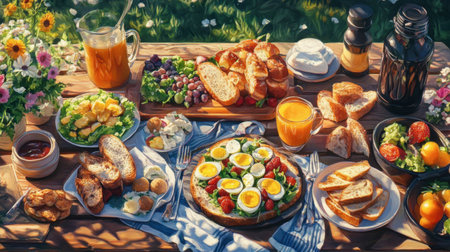 A vibrant picnic scene featuring egg sandwiches, colorful salads, and fresh fruit, perfect for a sunny day out in nature.の素材