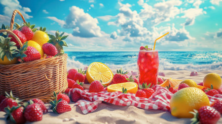 A vibrant summer scene featuring a beach picnic with fresh strawberries, lemonade, and beach towels, perfect for a fun day in the sun.の素材