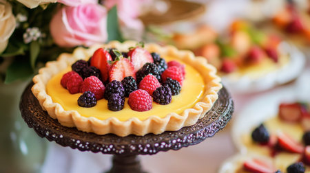A whimsical egg tart filled with creamy custard and topped with fresh fruit, displayed on a dessert table for a special occasion.の素材