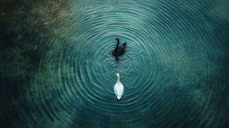 An overhead shot of a white swan and a black swan swimming in circles on a still, crystal-clear pond.の素材