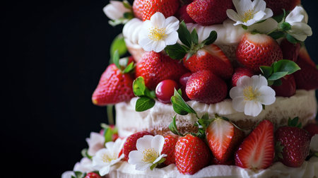 A whimsical cake decorated with fresh strawberries and edible flowers, showcasing creativity and elegance for a special occasion.の素材