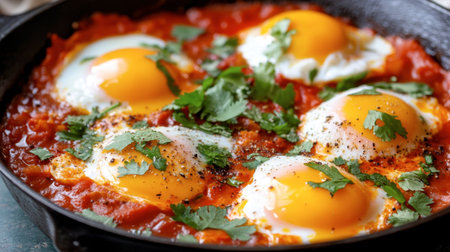 An elegant shakshuka with poached eggs nestled in a spicy tomato sauce, garnished with fresh cilantro and served in a cast-iron skillet.の素材