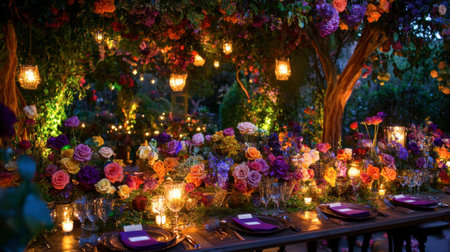 A whimsical garden wedding featuring multicolored roses as centerpieces, enhancing the romantic atmosphere of the event.の素材