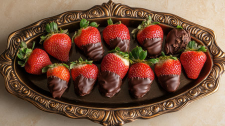 An inviting image of strawberries dipped in rich dark chocolate, arranged elegantly on a serving platter, making it perfect for a romantic dessert.の素材