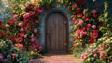 A whimsical fairy tale setting with multicolored roses framing a rustic wooden door, inviting viewers into a magical world.の素材