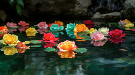 A whimsical image of multicolored roses floating in a tranquil pond, reflecting their vibrant colors on the water's surface.の素材