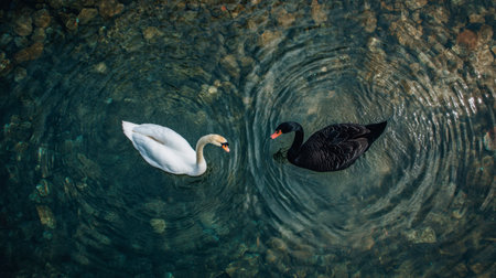 An overhead shot of a white swan and a black swan swimming in circles on a still, crystal-clear pond.の素材