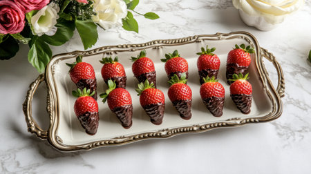 An inviting image of strawberries dipped in rich dark chocolate, arranged elegantly on a serving platter, making it perfect for a romantic dessert.の素材