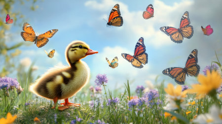 A whimsical scene of a duckling sharing a moment with a group of colorful butterflies in a meadow full of wildflowers.の素材