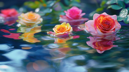 A whimsical image of multicolored roses floating in a tranquil pond, reflecting their vibrant colors on the water's surface.の素材