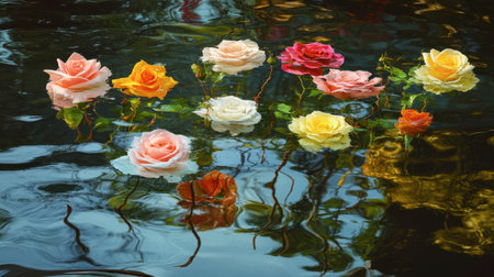 A whimsical image of multicolored roses floating in a tranquil pond, reflecting their vibrant colors on the water's surface.の素材