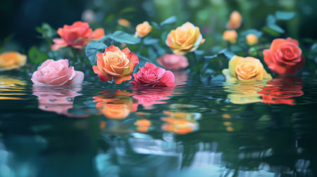 A whimsical image of multicolored roses floating in a tranquil pond, reflecting their vibrant colors on the water's surface.の素材