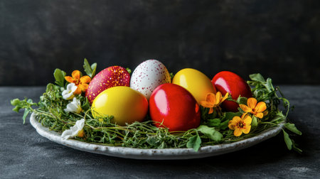 A whimsical plate of colorful Easter eggs arranged in a nest of greens, perfect for a festive spring celebration.の素材