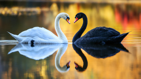 A white and black swan forming a perfect mirrored image as they glide across a sunlit lake.の素材