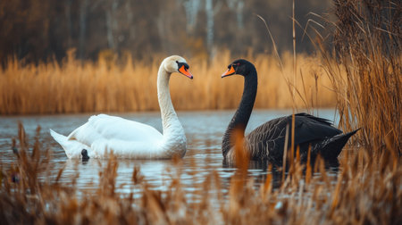 A white swan and a black swan moving gracefully through tall grass along the edge of a lake.の素材