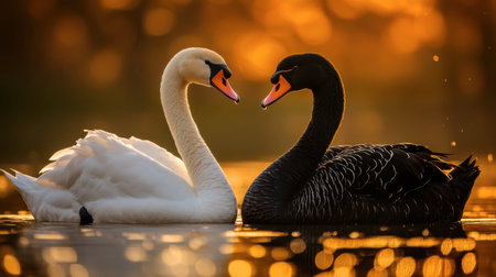 A white swan and black swan floating in perfect symmetry, their feathers shimmering in the golden light of sunset.の素材