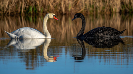 A white swan and black swan in perfect synchrony, their reflections mirrored on the water surface.の素材