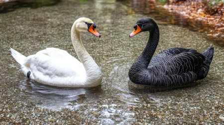 A white swan and a black swan swimming side by side, creating a striking contrast on a clear pond.の素材