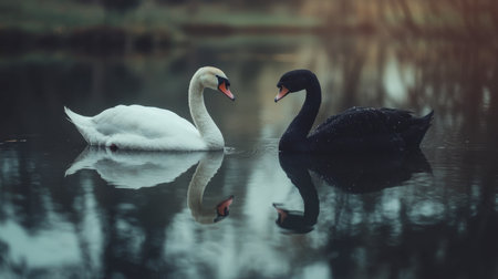 A white swan and a black swan swimming side by side, creating a striking contrast on a clear pond.の素材