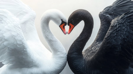 A white swan and black swan with their wings gently touching, creating a sense of unity and balance.の素材