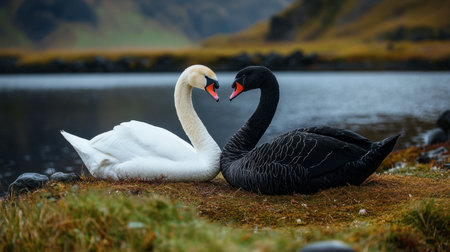 A white swan and black swan forming a striking visual contrast as they rest on a grassy shoreline.の素材