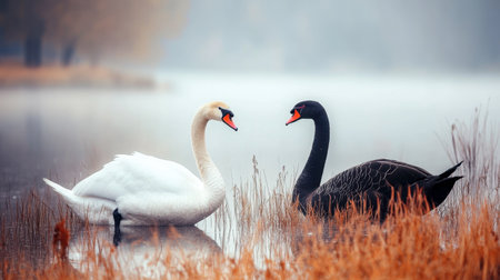 A white swan and a black swan moving gracefully through tall grass along the edge of a lake.の素材