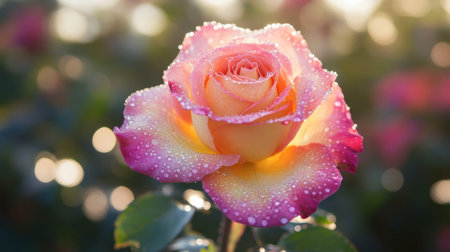 Close-up of a single multicolored rose with dew droplets on its petals, showcasing the intricate details and rich colors in morning sunlight.の素材