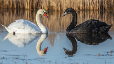 A white swan and black swan in perfect synchrony, their reflections mirrored on the water surface.の素材