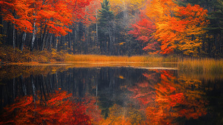 Beautiful autumn colors surrounding Swift Lake, with vibrant orange, red, and yellow leaves reflecting in the still water.の素材