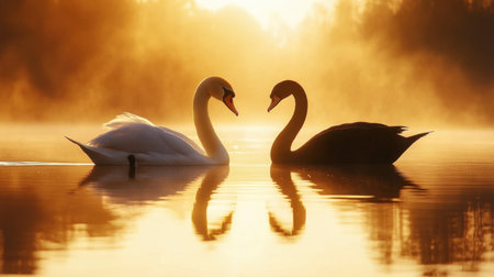 A white swan and black swan in the golden glow of sunrise, their reflections shimmering in the water.の素材