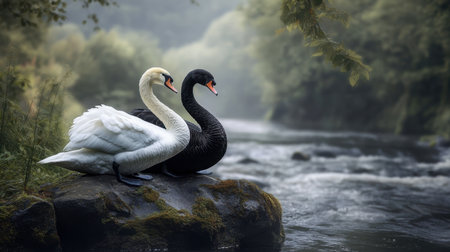 The elegance of a white and black swan perched together on a rock beside a scenic river.の素材